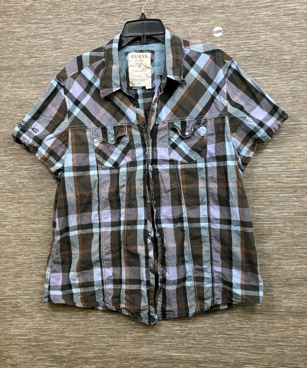 Guess Plaid Pearl Snap Western Shirt Mens Size 2XL Multicolor Short Sleeve